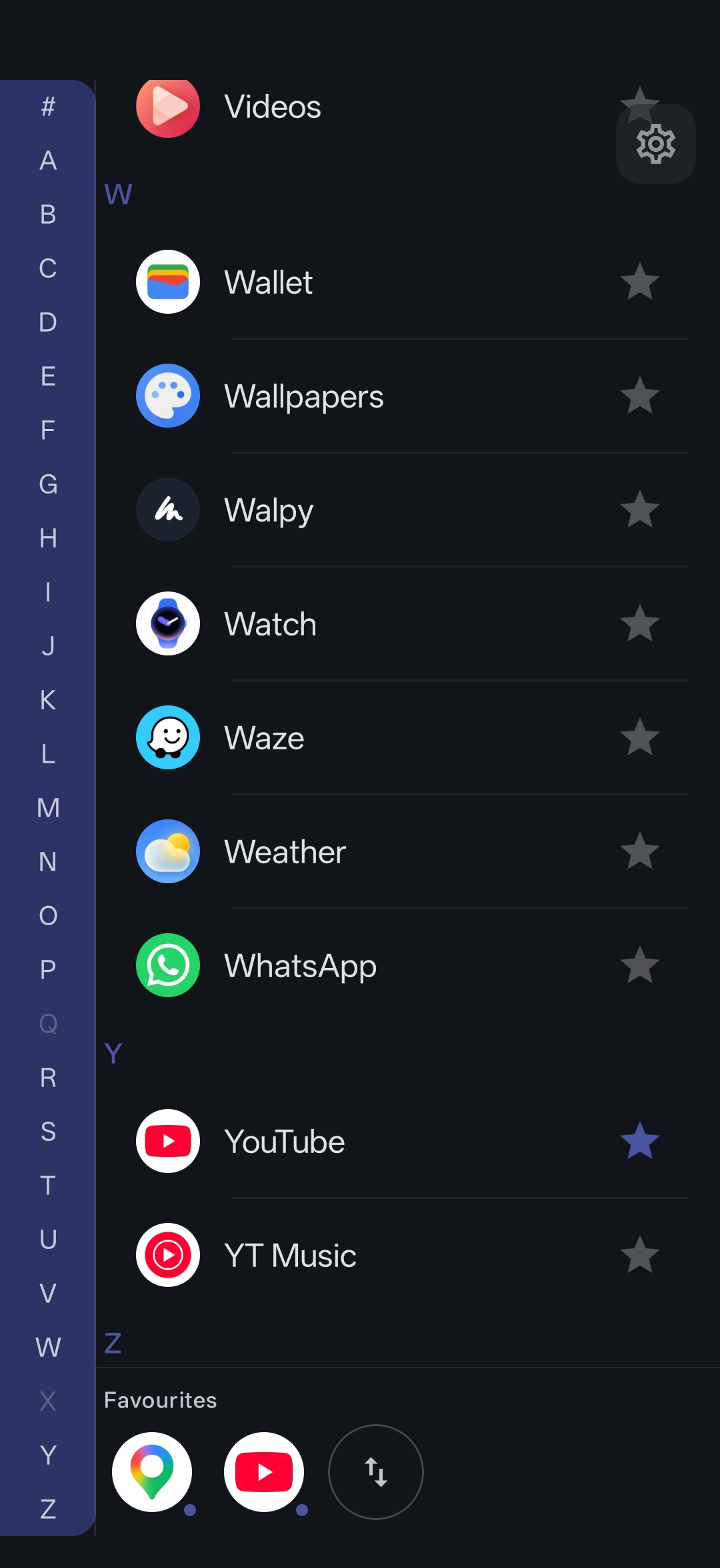 SwipeRail in use — A–Z scrubber, app list, and pinned favourites