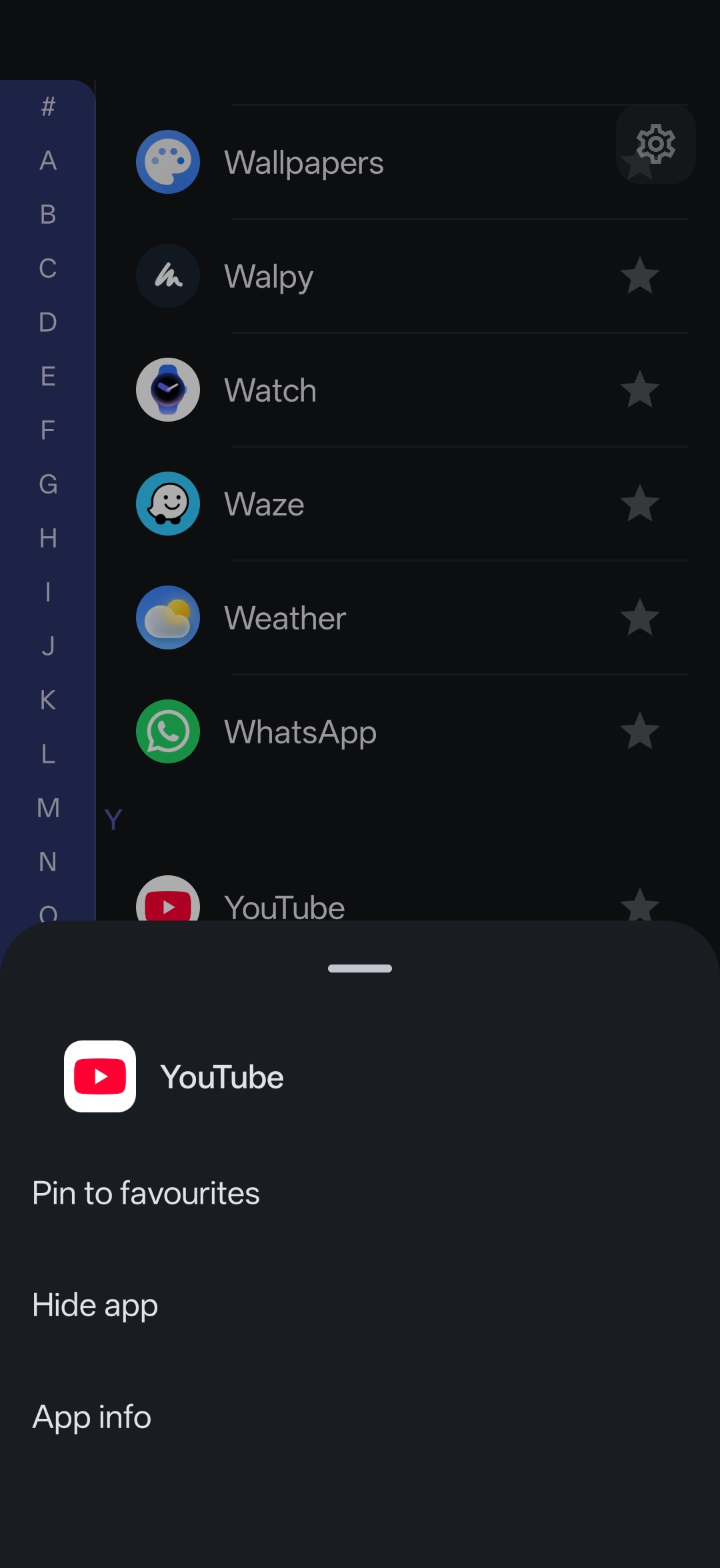 Long-press menu to pin an app to favourites