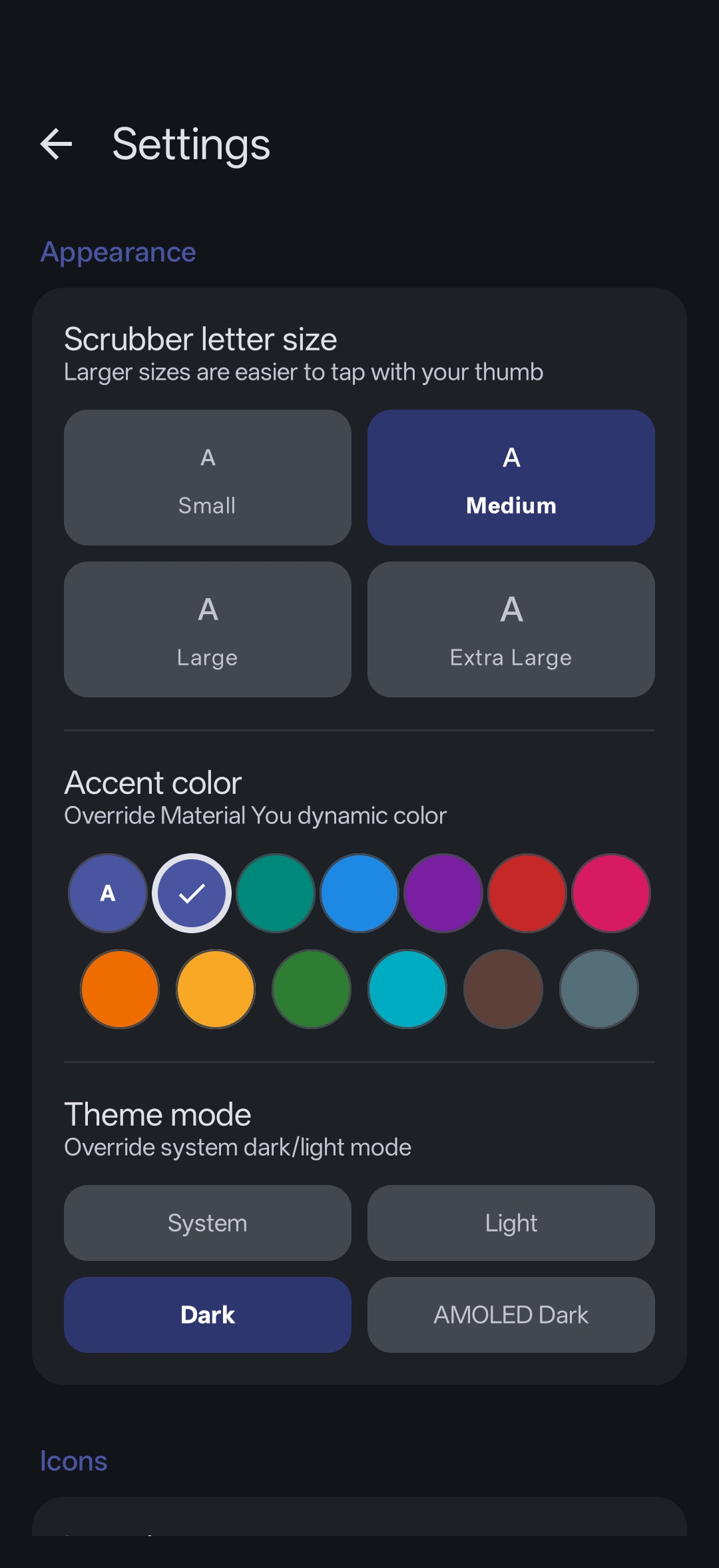 SwipeRail appearance settings — scrubber size, handedness, theme